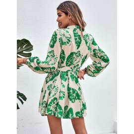Tropical Print Lantern Sleeve Belted Shirt Dress