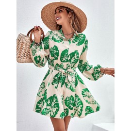 Tropical Print Lantern Sleeve Belted Shirt Dress