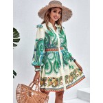 Paisley Print Lantern Sleeve Shirt Dress
