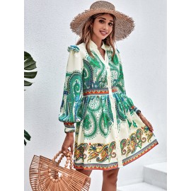 Paisley Print Lantern Sleeve Shirt Dress