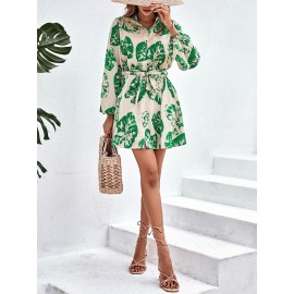 Tropical Print Lantern Sleeve Belted Shirt Dress