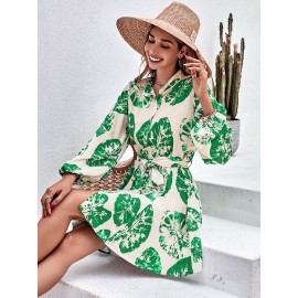 Tropical Print Lantern Sleeve Belted Shirt Dress