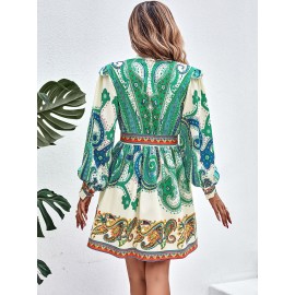 Paisley Print Lantern Sleeve Shirt Dress