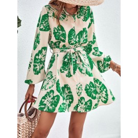 Tropical Print Lantern Sleeve Belted Shirt Dress