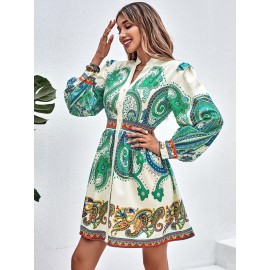 Paisley Print Lantern Sleeve Shirt Dress