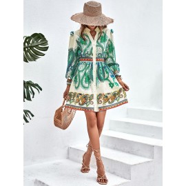 Paisley Print Lantern Sleeve Shirt Dress
