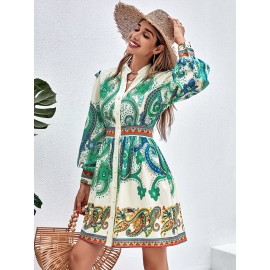 Paisley Print Lantern Sleeve Shirt Dress