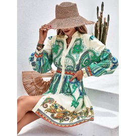 Paisley Print Lantern Sleeve Shirt Dress