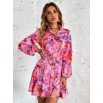 Allover Print Lantern Sleeve Godet Hem Shirt Dress