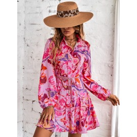 Allover Print Lantern Sleeve Godet Hem Shirt Dress