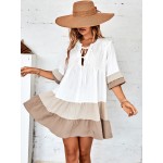 Color Block Flounce Sleeve Tie Neck Ruffle Hem Smock Dress