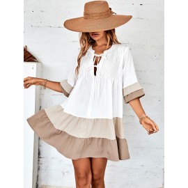 Color Block Flounce Sleeve Tie Neck Ruffle Hem Smock Dress