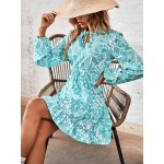 Paisley Print Tie Neck Lantern Sleeve Ruffle Hem Dress