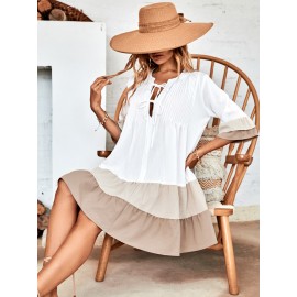 Color Block Flounce Sleeve Tie Neck Ruffle Hem Smock Dress