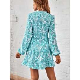 Paisley Print Tie Neck Lantern Sleeve Ruffle Hem Dress