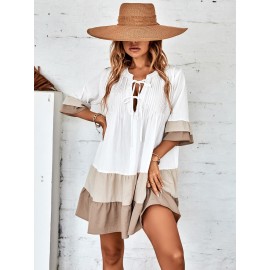 Color Block Flounce Sleeve Tie Neck Ruffle Hem Smock Dress