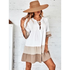 Color Block Flounce Sleeve Tie Neck Ruffle Hem Smock Dress