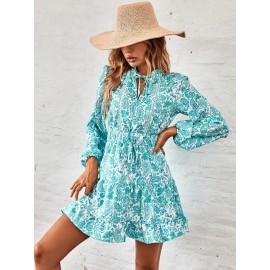 Paisley Print Tie Neck Lantern Sleeve Ruffle Hem Dress