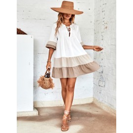 Color Block Flounce Sleeve Tie Neck Ruffle Hem Smock Dress