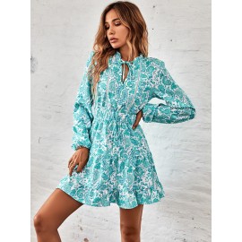 Paisley Print Tie Neck Lantern Sleeve Ruffle Hem Dress