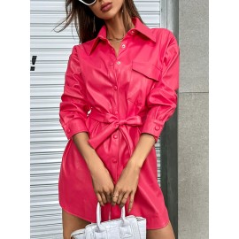 Drop Shoulder Belted PU Leather Shirt Dress
