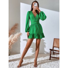 Zipper Back Bishop Sleeve Ruffle Hem Dress