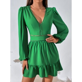 Zipper Back Bishop Sleeve Ruffle Hem Dress