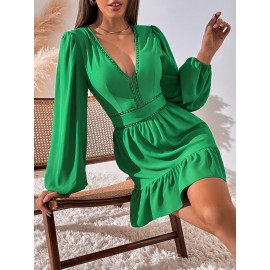 Zipper Back Bishop Sleeve Ruffle Hem Dress