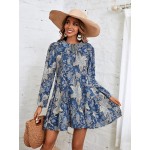 Random Floral Print Tie Neck Smock Dress