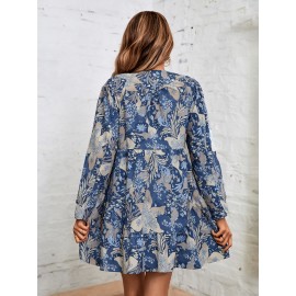 Random Floral Print Tie Neck Smock Dress