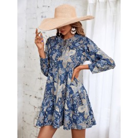 Random Floral Print Tie Neck Smock Dress