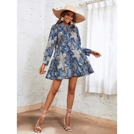 Random Floral Print Tie Neck Smock Dress