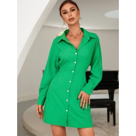 Solid Button Front Raglan Sleeve Shirt Dress
