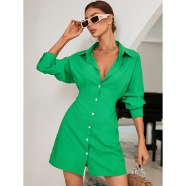 Solid Button Front Raglan Sleeve Shirt Dress