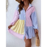 Striped Colorblock Bishop Sleeve Ruffle Hem Dress