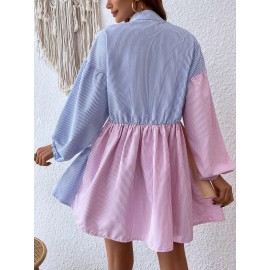 Striped Colorblock Bishop Sleeve Ruffle Hem Dress
