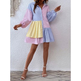 Striped Colorblock Bishop Sleeve Ruffle Hem Dress