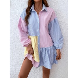 Striped Colorblock Bishop Sleeve Ruffle Hem Dress