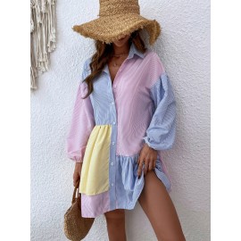 Striped Colorblock Bishop Sleeve Ruffle Hem Dress