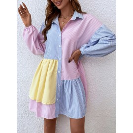 Striped Colorblock Bishop Sleeve Ruffle Hem Dress