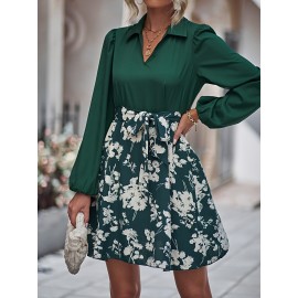 Floral Print Lantern Sleeve Belted Dress