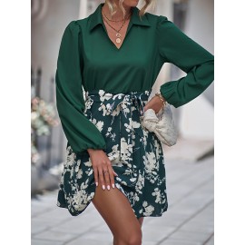 Floral Print Lantern Sleeve Belted Dress