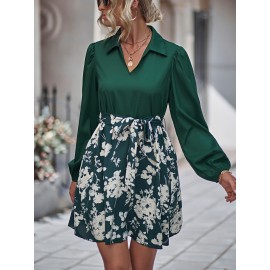 Floral Print Lantern Sleeve Belted Dress