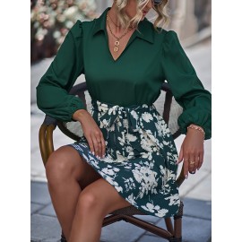 Floral Print Lantern Sleeve Belted Dress