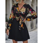 Floral Print Surplice Neck Belted Dress