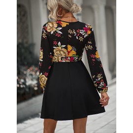 Floral Print Surplice Neck Belted Dress