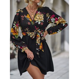 Floral Print Surplice Neck Belted Dress