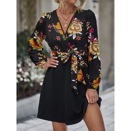 Floral Print Surplice Neck Belted Dress