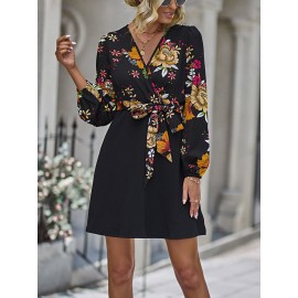 Floral Print Surplice Neck Belted Dress