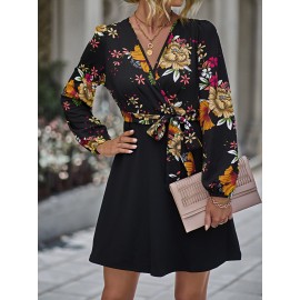Floral Print Surplice Neck Belted Dress